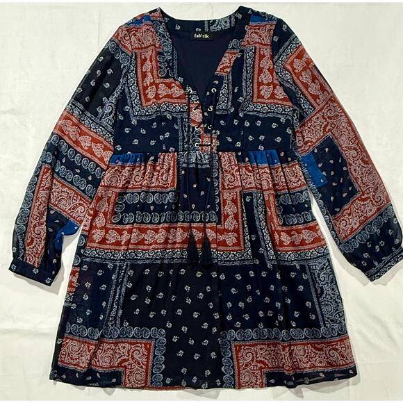 Fab'rik Dress Navy and Rust Baby Doll Lace Up Front Size Large - Picture 9 of 9